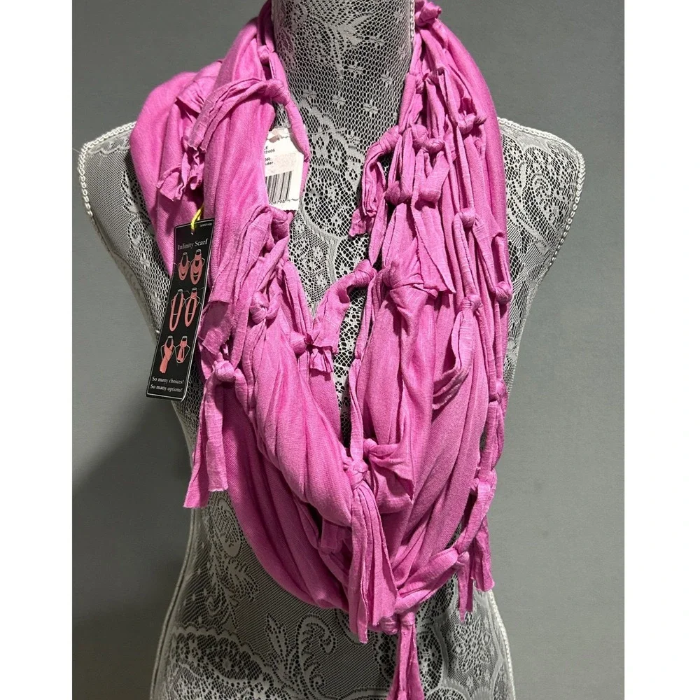 BCBGeneration Infinity Scarf Pink Knotted Fringe Boho Lightweight Barbiecore